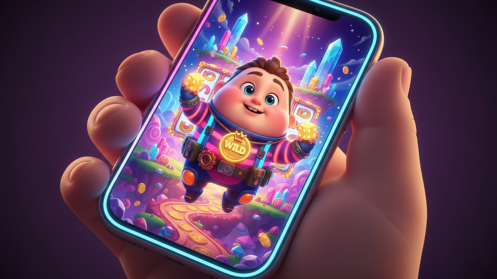 Close-up view of a hand holding a smartphone displaying an online slot game