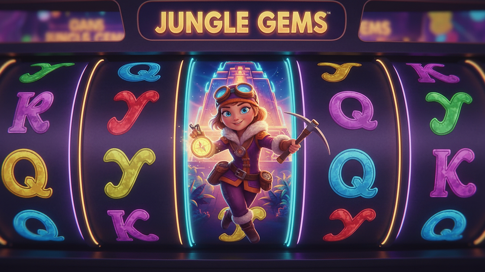Eye-level view of a colorful slot machine screen with spinning reels