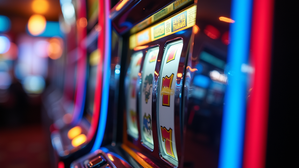 Eye-level view of slot machine reels with colorful symbols