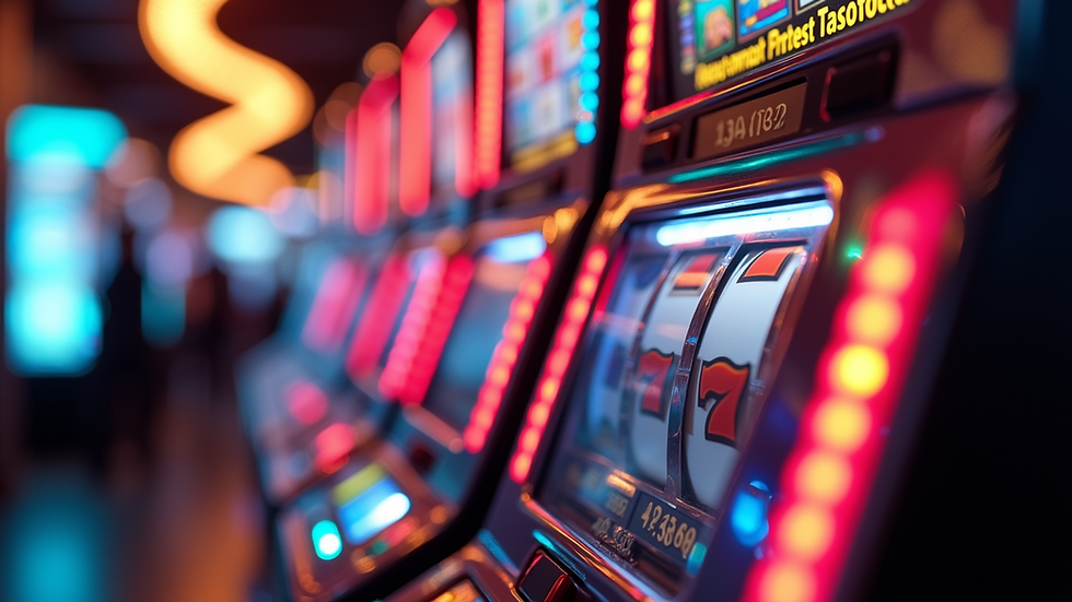 Eye-level view of a colorful slot machine with spinning reels