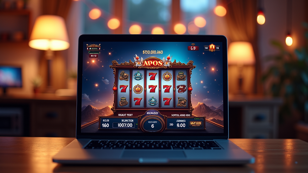 Eye-level view of a laptop screen displaying slot game interface