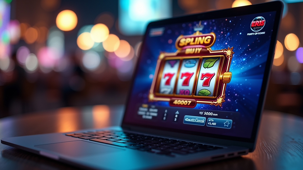 Eye-level view of a laptop screen showing an online slot game interface