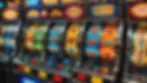 Close-up view of colorful slot machine with spinning reels