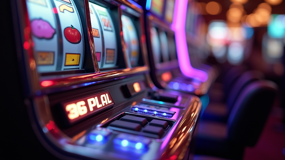 Eye-level view of a slot machine with colorful reels