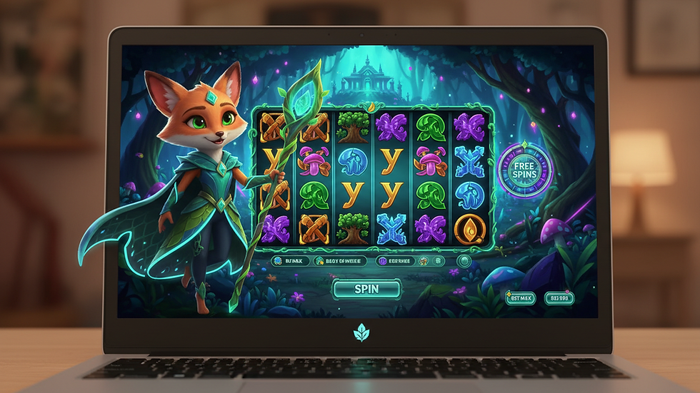 Eye-level view of a laptop screen displaying an online slot game interface