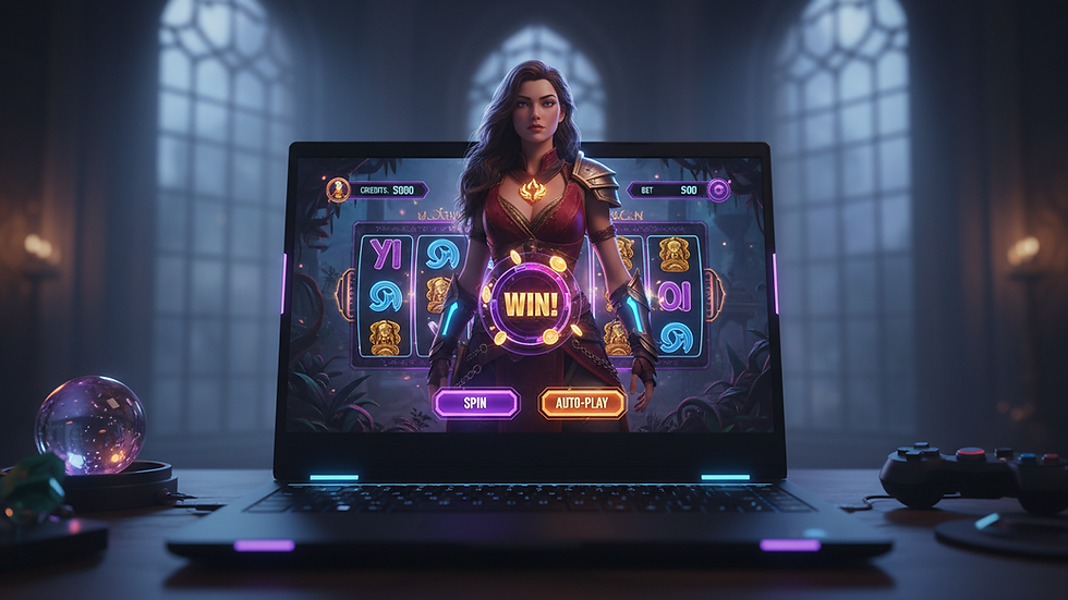 Eye-level view of a laptop screen showing an online slot game interface