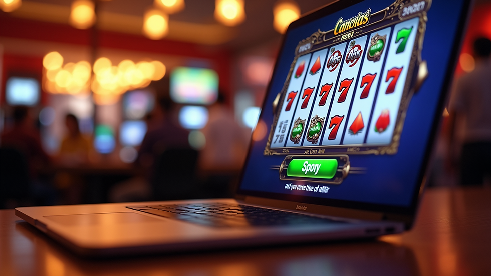 Eye-level view of a laptop screen showing an online slot game interface