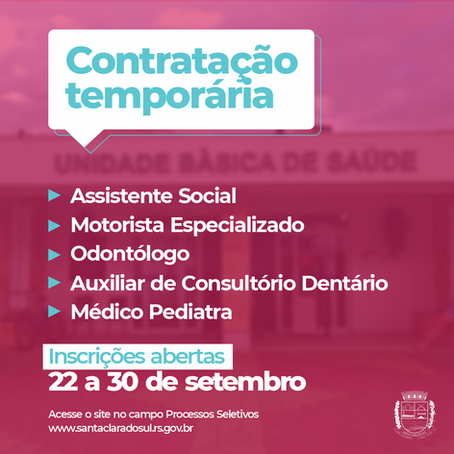 Município abre inscrições para contratações temporárias na área da saúde