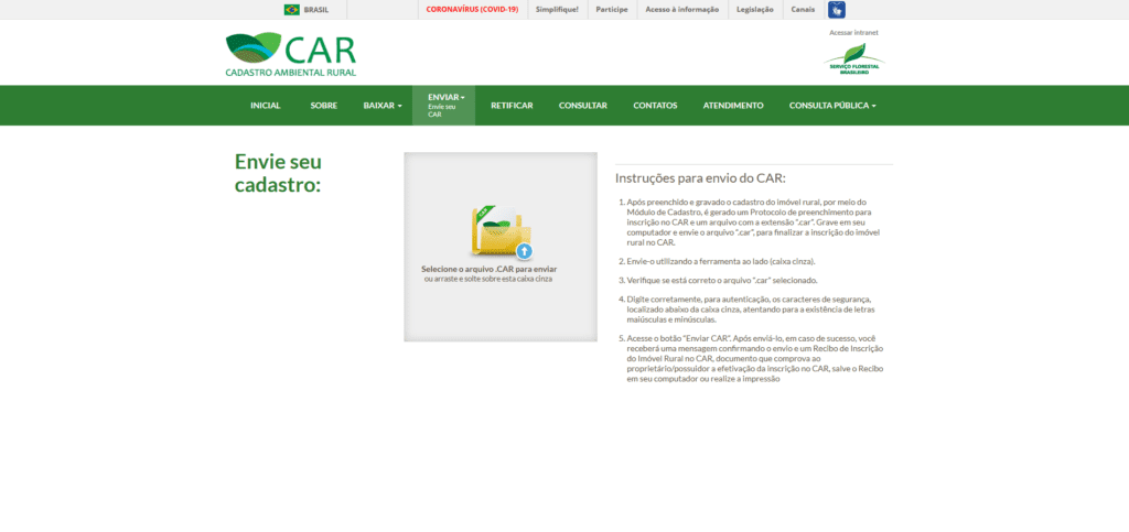 Sicar é o sistema utilizado para envio do CAR - Cadastro Ambiental Rural