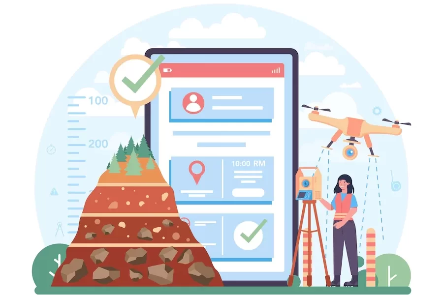 Tecnico de agrimensura e engenheiro agrimensor fazendo medições em campo utilizando geotecnologias essenciais para o mercado de topografia