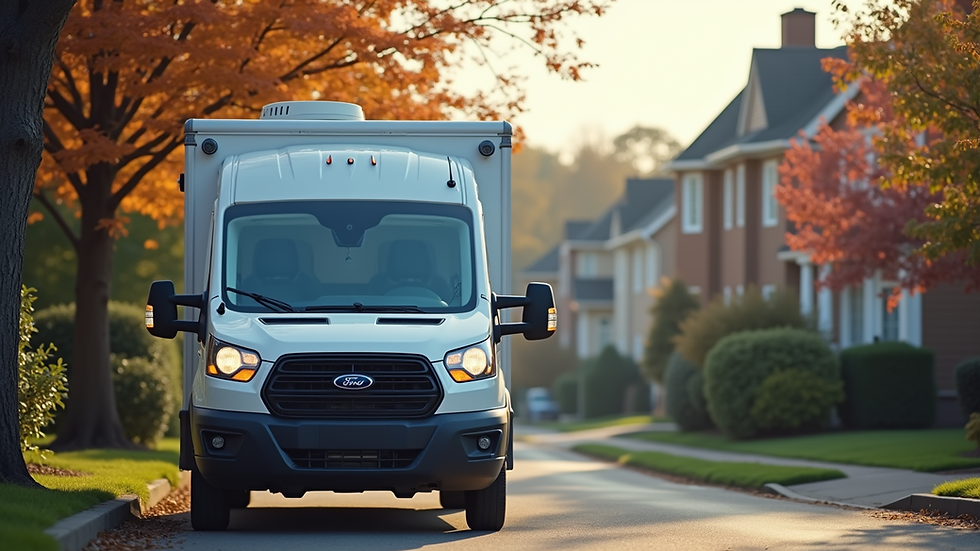 Eye-level view of a mobile diagnostic service vehicle parked in a residential area
