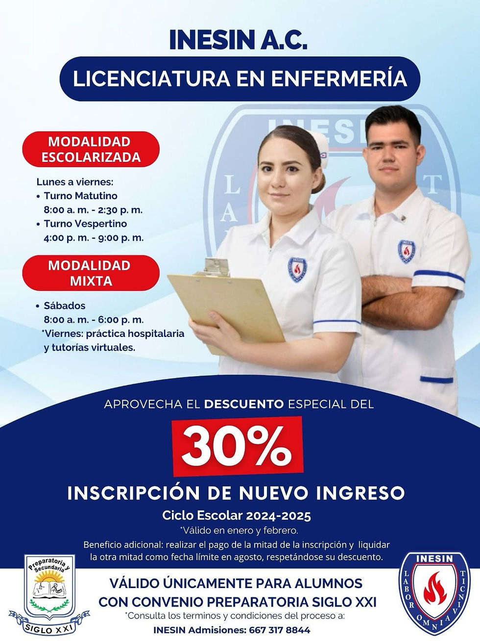 INESIN es una institución educativa de gran calidad académica y certificada con validez oficial✔️, la cual ofrecerá descuento permanente en el turno vespertino del 20% de descuento y el 30% en al inscripción anual.