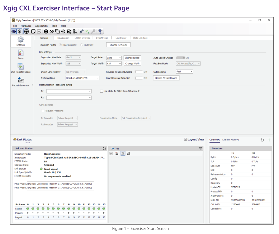 Xgig CXL Exerciser Interface - Start Page