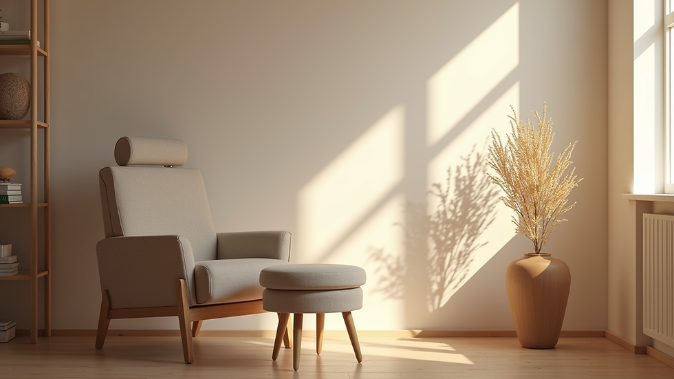 Eye-level view of a calm therapy room with a comfortable chair and soft lighting