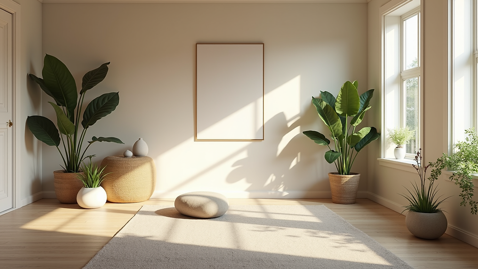 Augenhöhe eines ruhigen Raumes mit Meditationskissen und Pflanzen