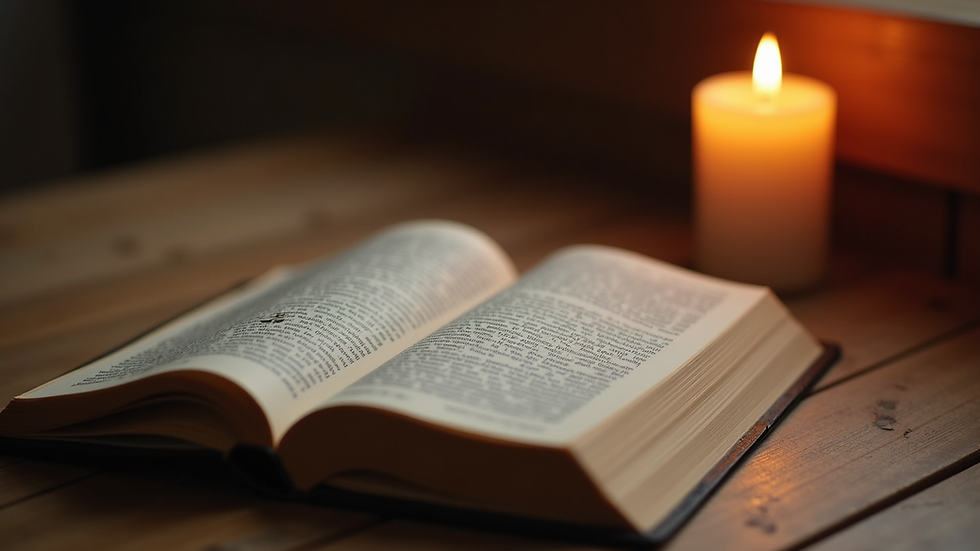 Close-up view of a prayer book and a lit candle on a wooden table