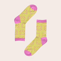 Yellow socks with pink cats