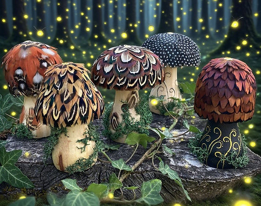 Inspirée par la magie des sous-bois, cette collection transforme le monde végétal en œuvres féeriques. Chaque champignon décoratif est habillé à la main d'un manteau de plumes naturelles minutieusement sélectionnées. Posés sur un pied en bois brut avec de la mousse naturelle stabilisée ou orné d'illustrations faites main, ils apportent une touche poétique et élégante à votre intérieur.