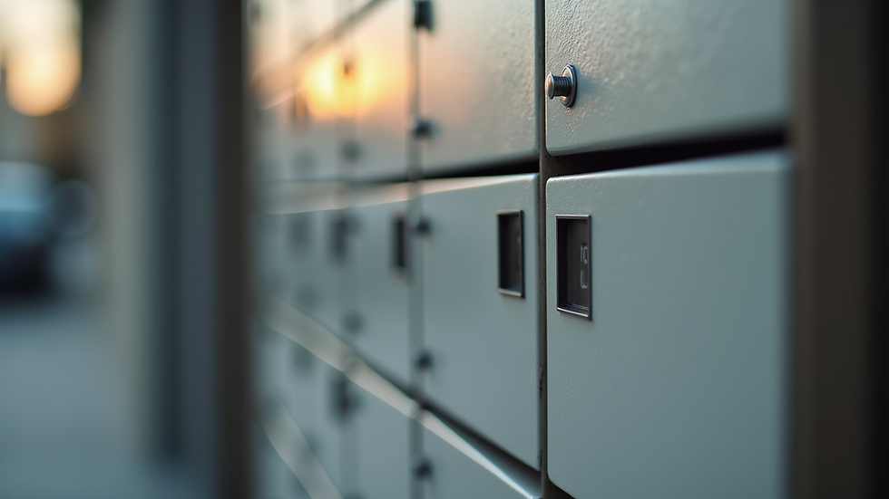Close-up view of a secure apartment mailbox with parcel locker compartments
