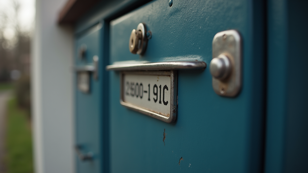 Close-up view of a mailbox door with a lock and address label