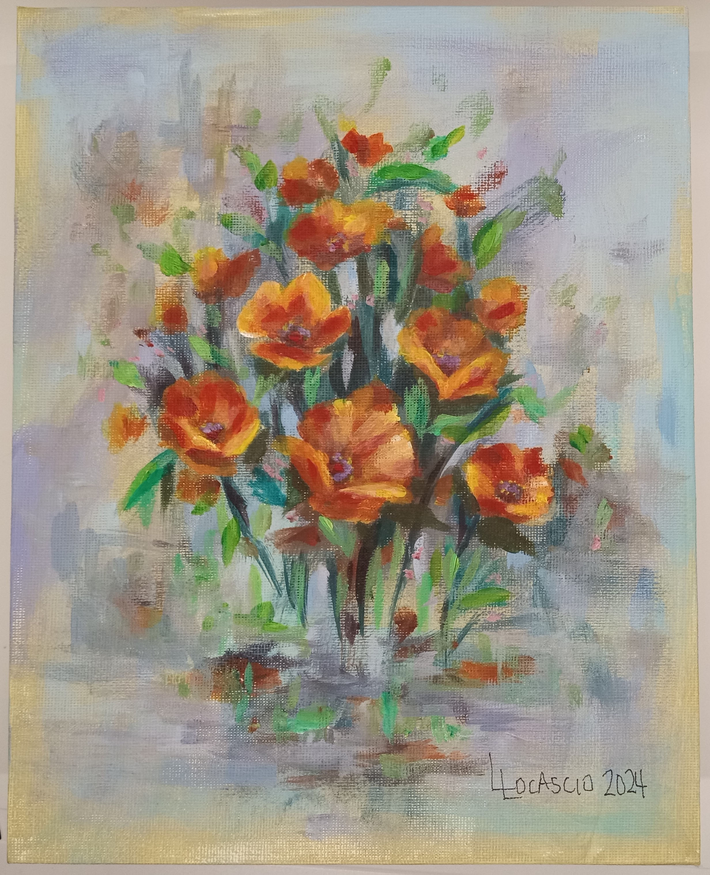 Orange and red flowers, flowers in nature, acrylic art