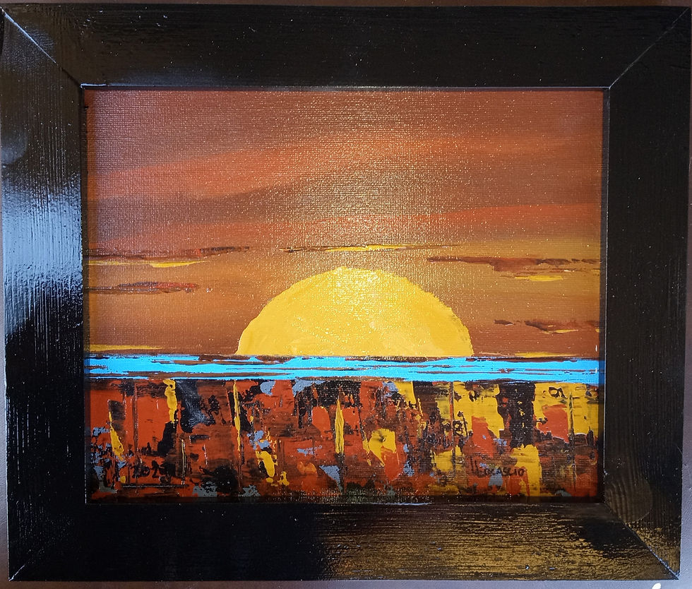 Acrylic painting, black frame, setting sun, burnt sienna colors