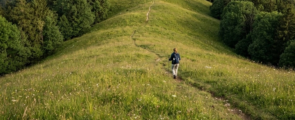 a woman off in the distance climbing a g