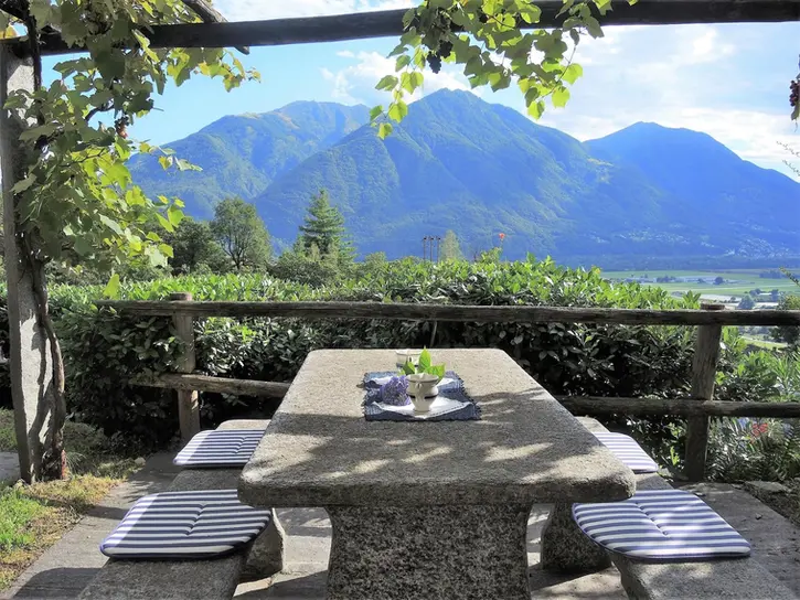 ferienhaus in der schweiz, im tessin, der süd-schweiz, es ist ein altes Steinhaus, ein sogenanntes Rustico, wir wollen dieses haus für interessierte reisende, für touristen, für urlaubssuchende präsentieren. das steinhaus schmiegt sich an einen Hang der Südalpen, ist umgeben von bergen, und man blickt hinunter auf den See Lago maggiore. das grundstück, der garten ist eine kleine in sich geschlossene Welt, voll mediterraner pflanzenpracht, voller palmen, kamelien und azaleen, voller geschützter sitzplätze, sei es unter einer Wein-Pergola oder auf der erhöhten Aussichtsterrasse, es ist ein ort um die Natur, die landschaft, die ruhe, die berge, den see, das mittelmeer-klima in sich aufzunehmen. ein ort an dem das herz sagt "la vita é bella"