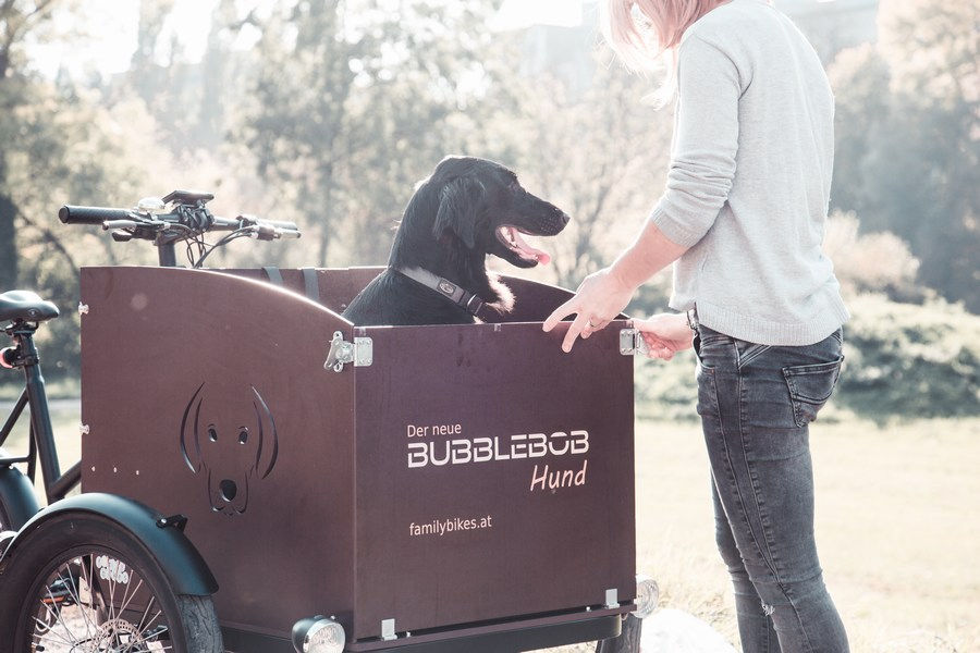 Lastenrad C&C BubbleBob mit großem Hund und Frauchen