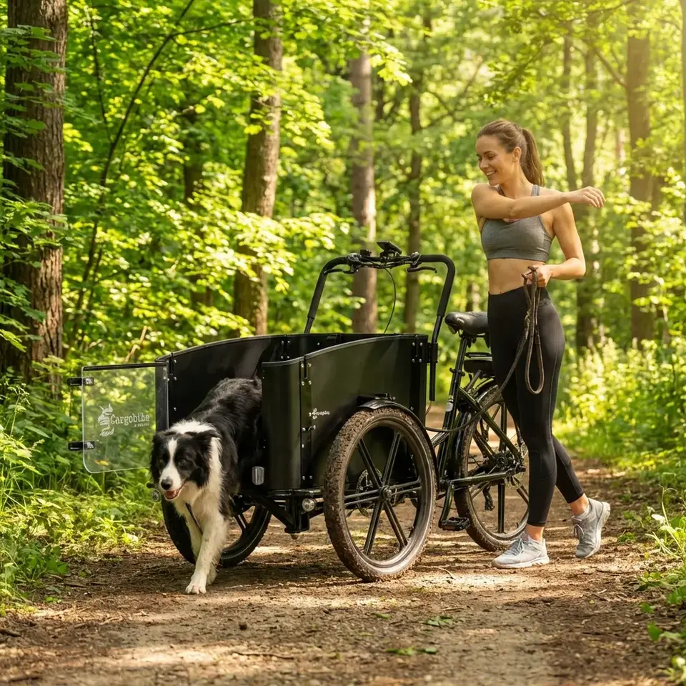 eine Frau ist zum Joggen im Wald mit dem Lastenrad gefahren, ihr Hund steigt gerade aus dem Korb aus