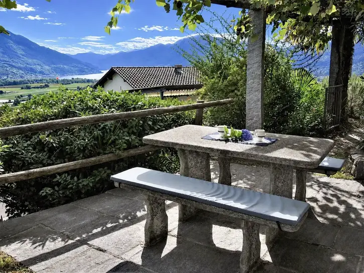 ferienhaus in der schweiz, im tessin, der süd-schweiz, es ist ein altes Steinhaus, ein sogenanntes Rustico, wir wollen dieses haus für interessierte reisende, für touristen, für urlaubssuchende präsentieren. das steinhaus schmiegt sich an einen Hang der Südalpen, ist umgeben von bergen, und man blickt hinunter auf den See Lago maggiore. das grundstück, der garten ist eine kleine in sich geschlossene Welt, voll mediterraner pflanzenpracht, voller palmen, kamelien und azaleen, voller geschützter sitzplätze, sei es unter einer Wein-Pergola oder auf der erhöhten Aussichtsterrasse, es ist ein ort um die Natur, die landschaft, die ruhe, die berge, den see, das mittelmeer-klima in sich aufzunehmen. ein ort an dem das herz sagt "la vita é bella"
