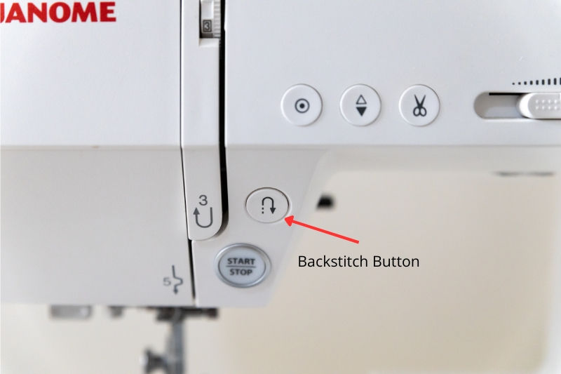 A close up of sewing machine highlighting the backstitch button.
