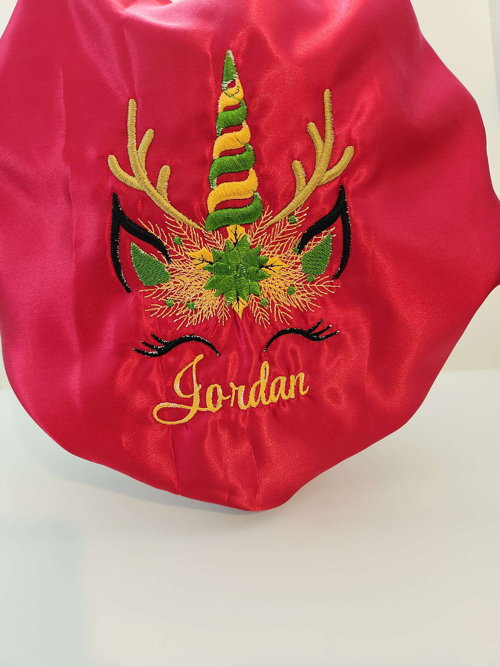 Thumbnail: Red Christmas Unicorn Satin Hair Bonnet