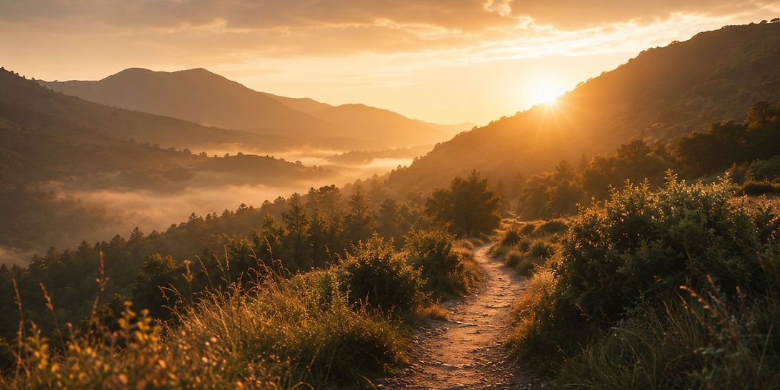 Afbeelding van een pad door de bergen richting de zon.jpg