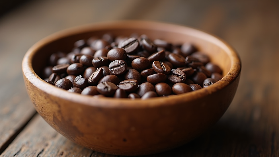 Eye-level view of medium roast coffee beans in a wooden bowl