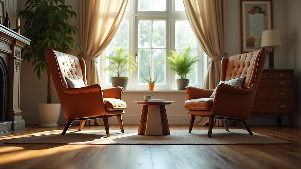 Eye-level view of a cozy living room with two chairs facing each other