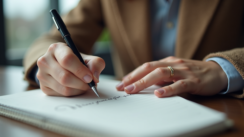 Eye-level view of a person writing career goals in a notebook
