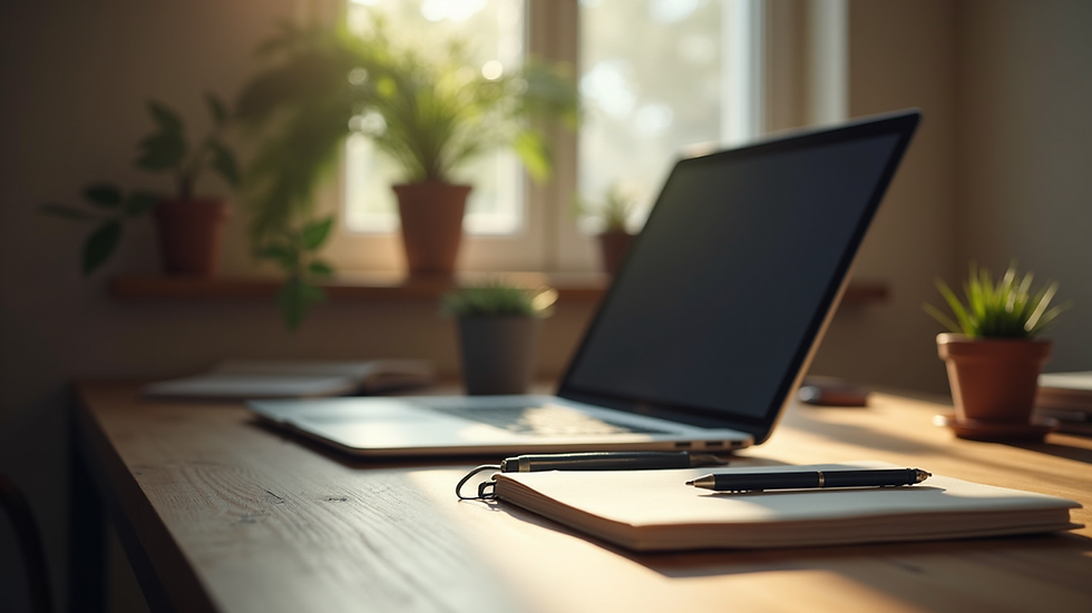 Eye-level view of a cozy office desk with a laptop and notebook
