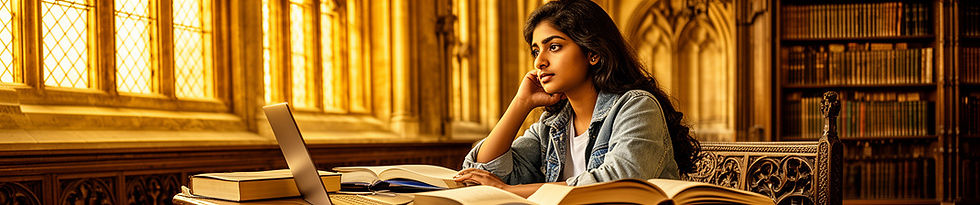 South Asian female student studying at a wooden desk in a Gothic European university library