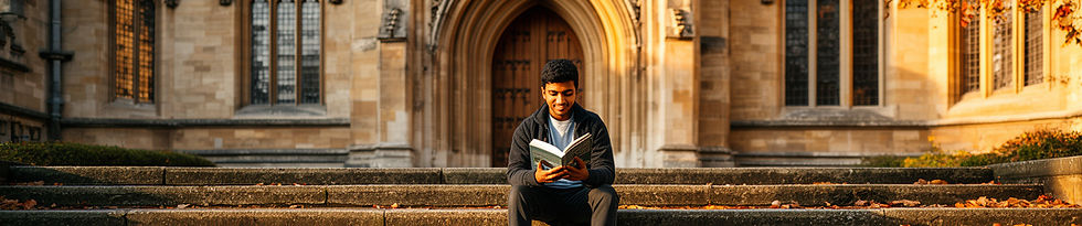 South Asian student reading on stone steps of a historic Prague university building