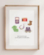 Framed print of 90s items: iPod, makeup, teddy, necklace, dress, sneakers. Text: 'Some things of the 90s, we were proud of (and still are!).'