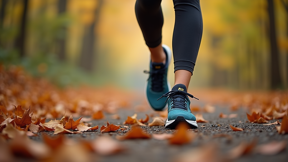 Close-up view of a pair of running shoes on a trail surrounded by autumn leaves