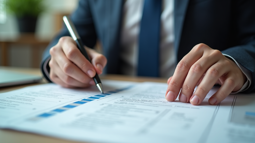 Close-up view of a business owner reviewing succession documents
