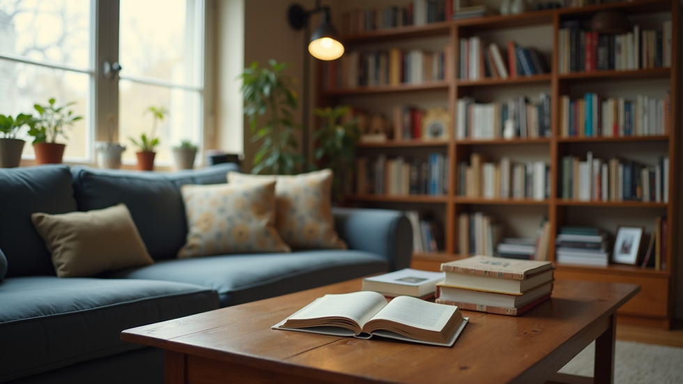 Eye-level view of a cozy living room filled with books and family photos