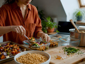 Hands portioning plant-based meals into containers