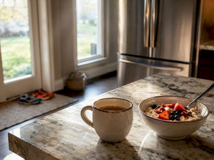 Family breakfast scene with coffee and oatmeal