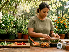 Woman arranging meal prep containers in kitchen