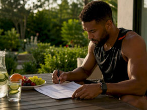 Athlete reviewing fasting and training schedule at kitchen table