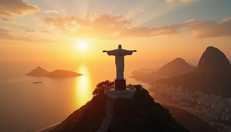Vista panorámica desde el Cristo Redentor con la bahía de Río de Janeiro al fondo