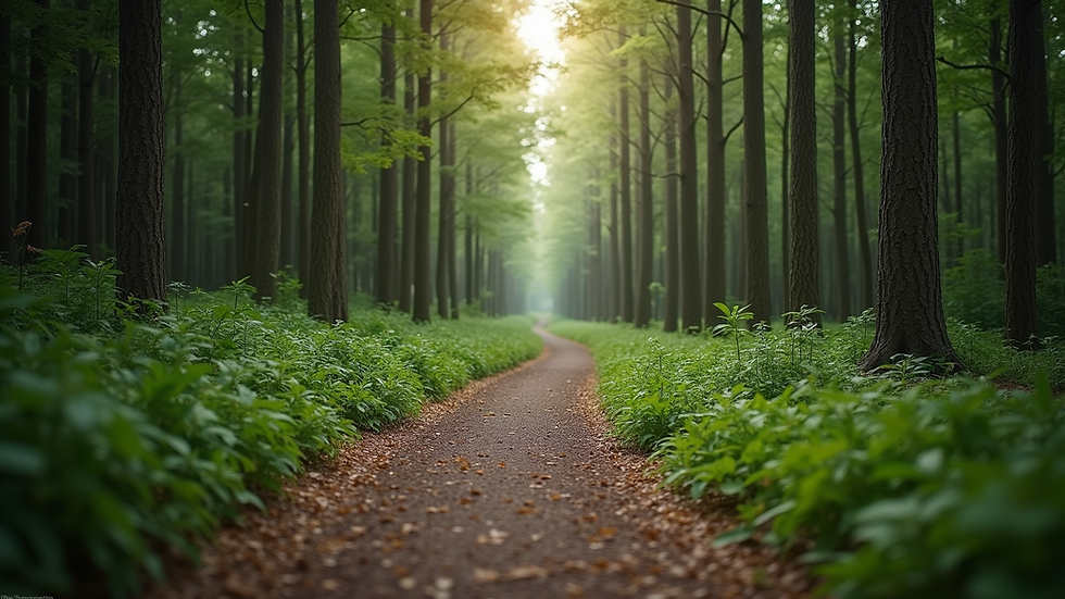 Eye-level view of a winding path through a forest symbolizing a journey of growth